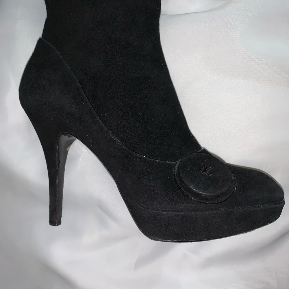 LOUIS VUITTON size 37.5 black SUEDE platform stilleto BOOTS w/patent leather - Picture 8 of 12
